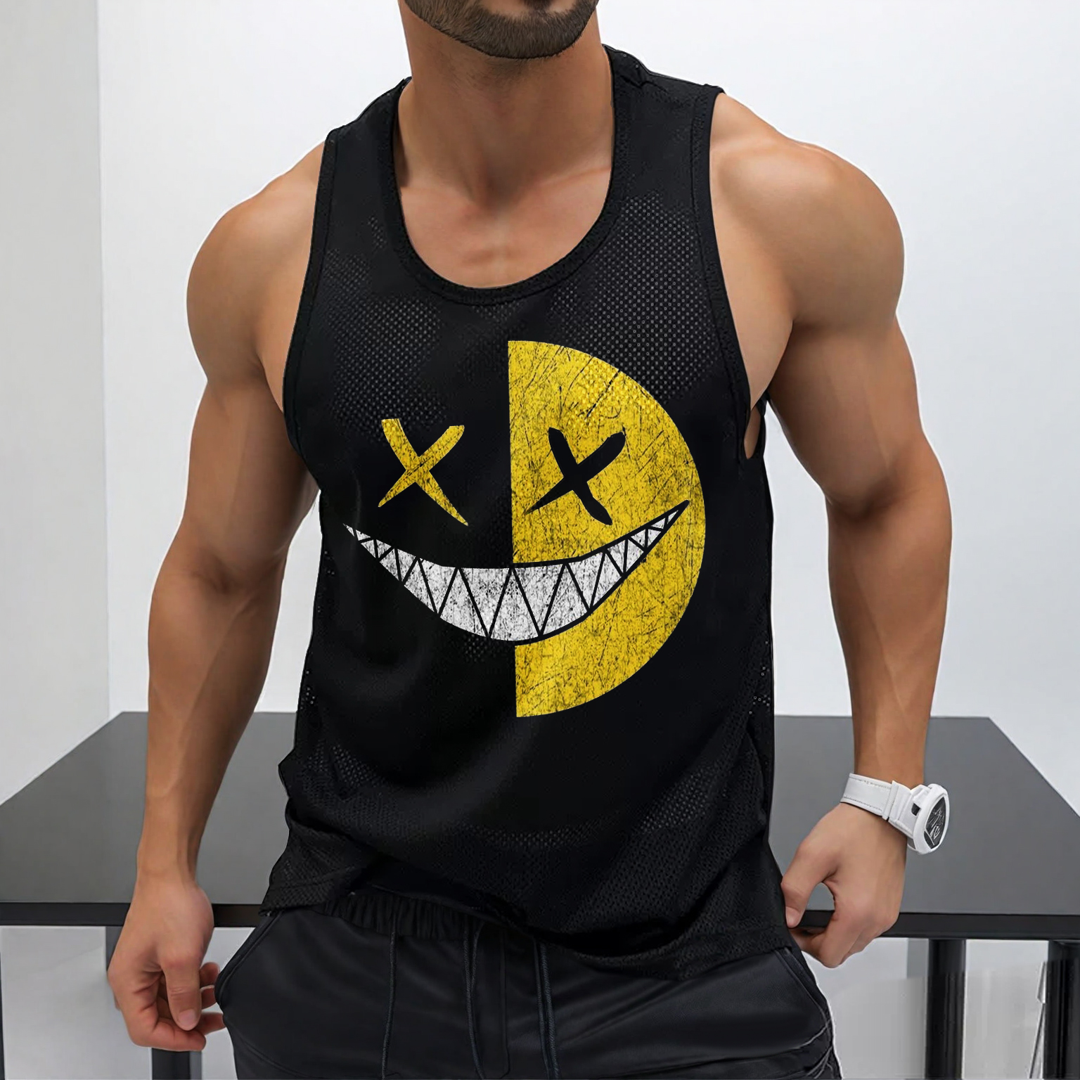 Street Casual Men's Smiley Face Printed Mesh Vest Fitness Quick Dry Vest Home Comfort Vest / TECHWEAR CLUB / Techwear