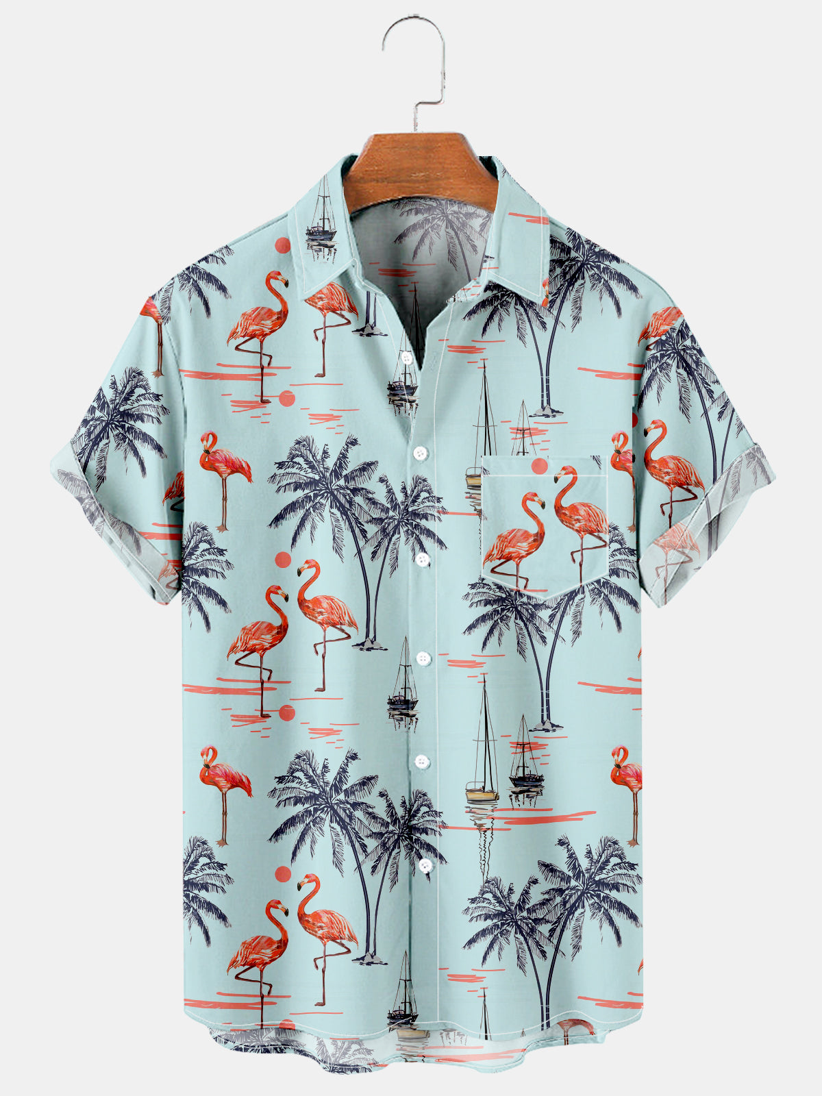 Men's Summer Vacation Resort Casual Coconut Flamingo Hawaiian Shirt with Pockets PLUSCLOTHESMAN