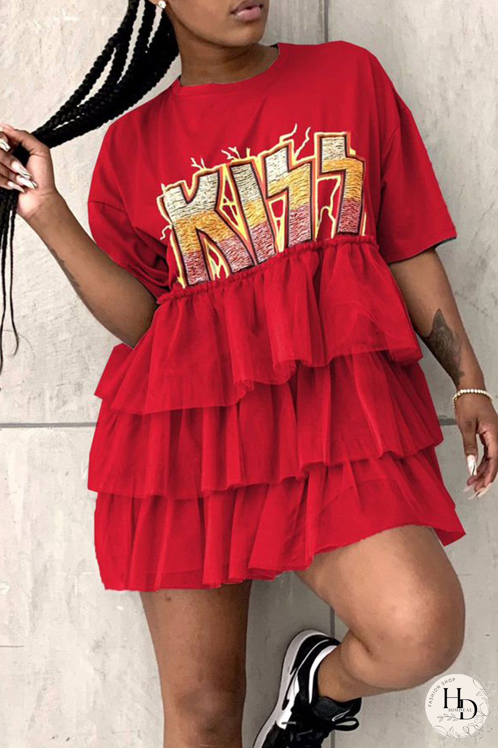 Red Casual Print Letter O Neck Cake Skirt Dresses