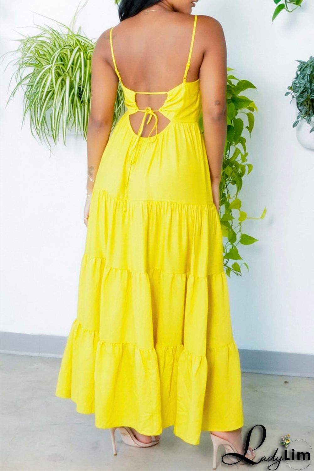 Yellow Fashion Casual Solid Backless Spaghetti Strap Long Dress