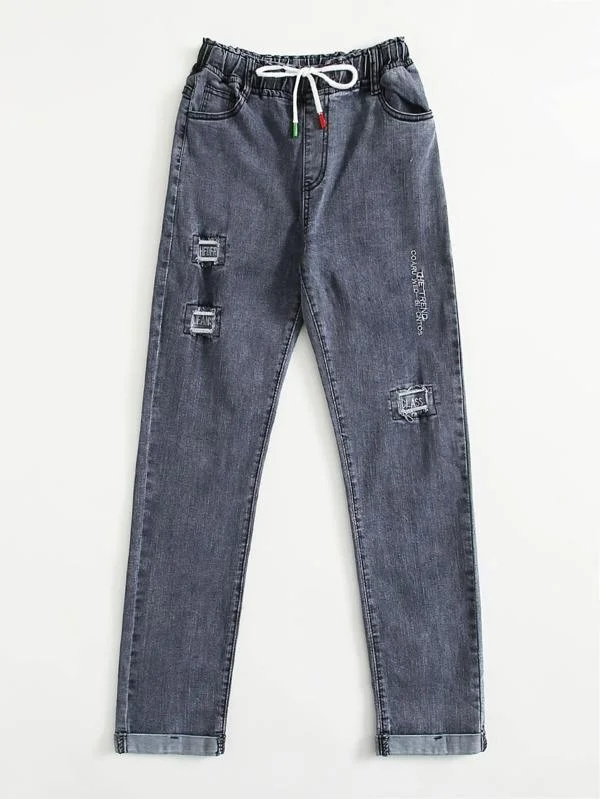 Ripped Letter Embroidery Drawstring Waist Jeans