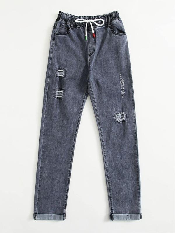 Ripped Letter Embroidery Drawstring Waist Jeans