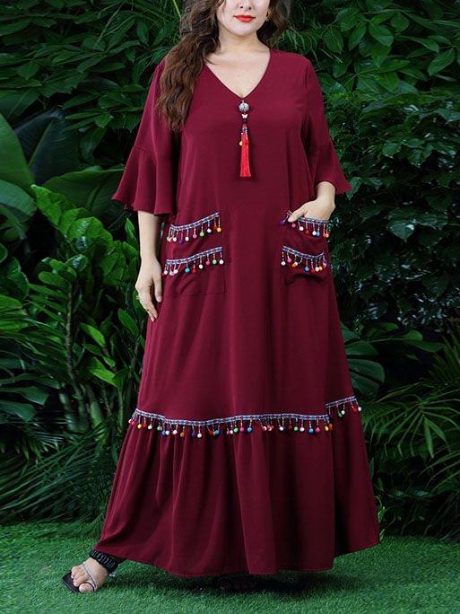 Wine red pagoda sleeve fringe maxi dress