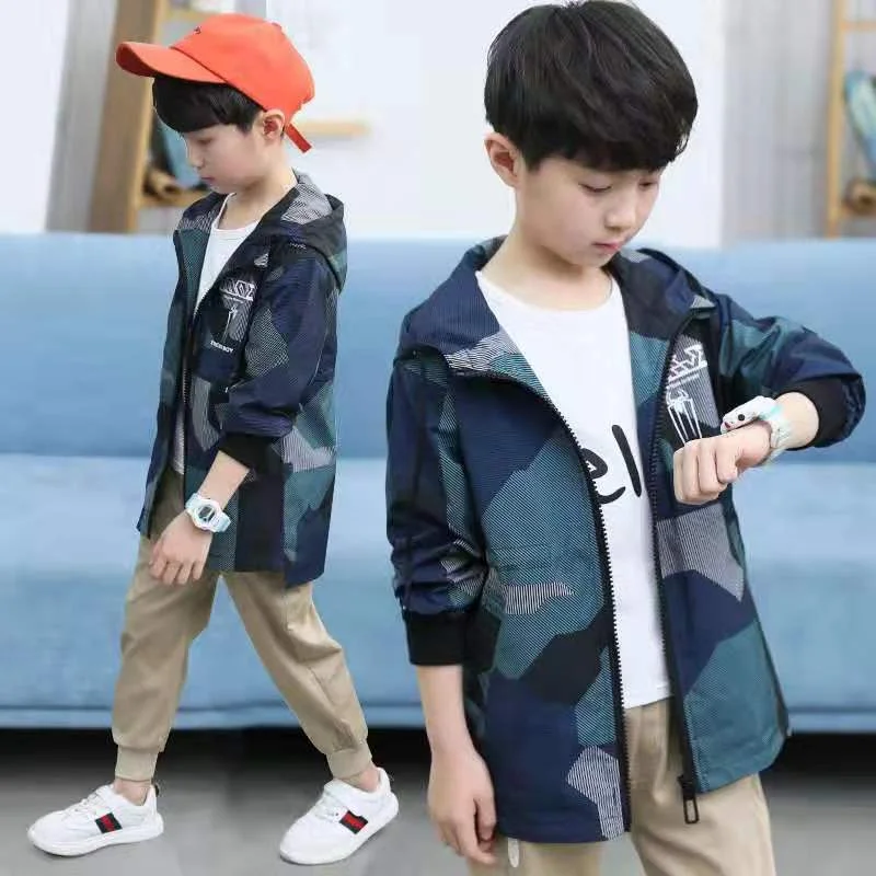 Boy windbreaker spring and autumn clothing children's camouflage mid-length windbreaker big boy handsome clothing kid autumn