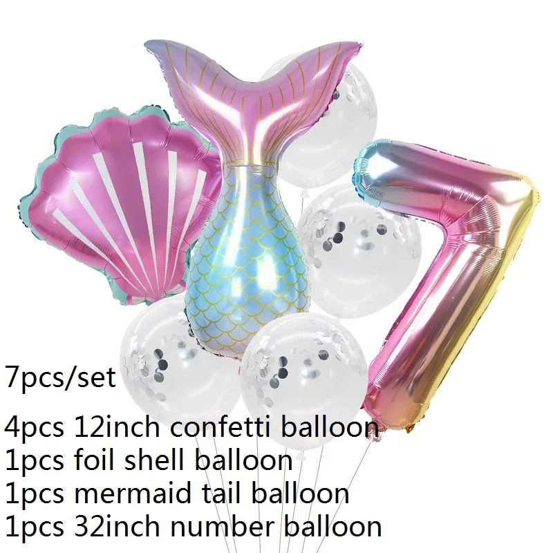 7pcs Mermaid Party Balloons 0 1 2 3 4 5 6 7 8 9 Number Foil Balloon Kids Birthday Party Decorations Baby Shower Helium Globos