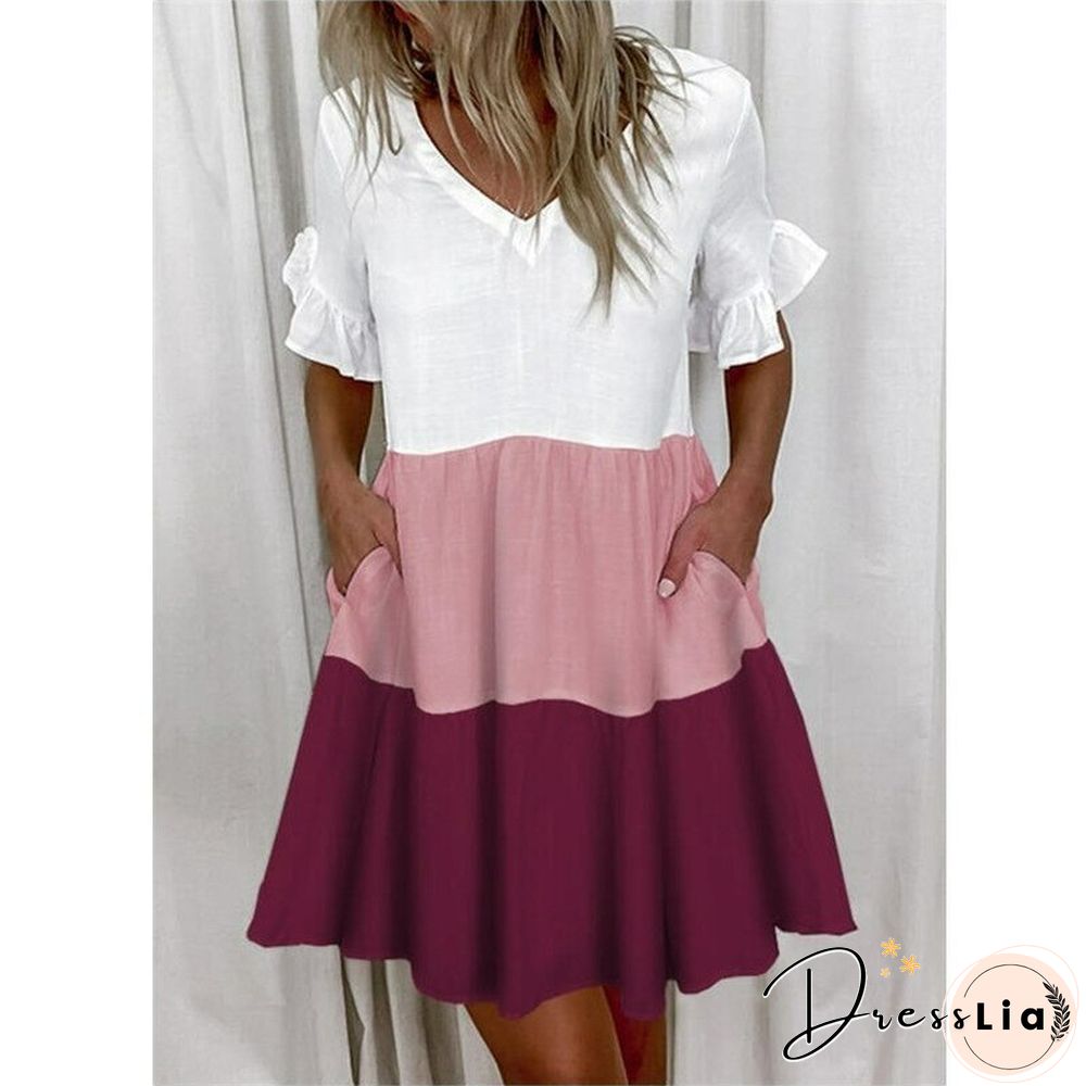 Printed Ruffle Pocket Dress Women Casual Loose Shoprt Sleeve Boho Vestidos Mujer