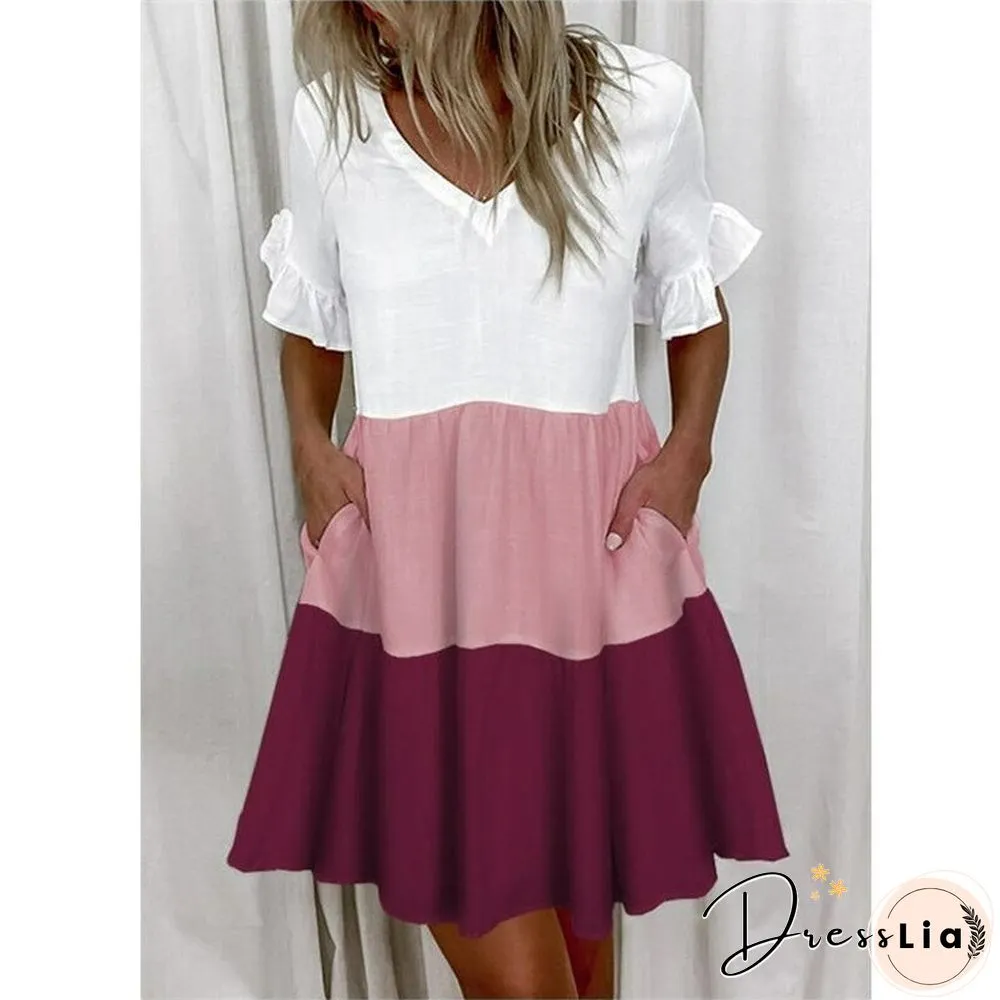 Printed Ruffle Pocket Dress Women Casual Loose Shoprt Sleeve Boho Vestidos Mujer