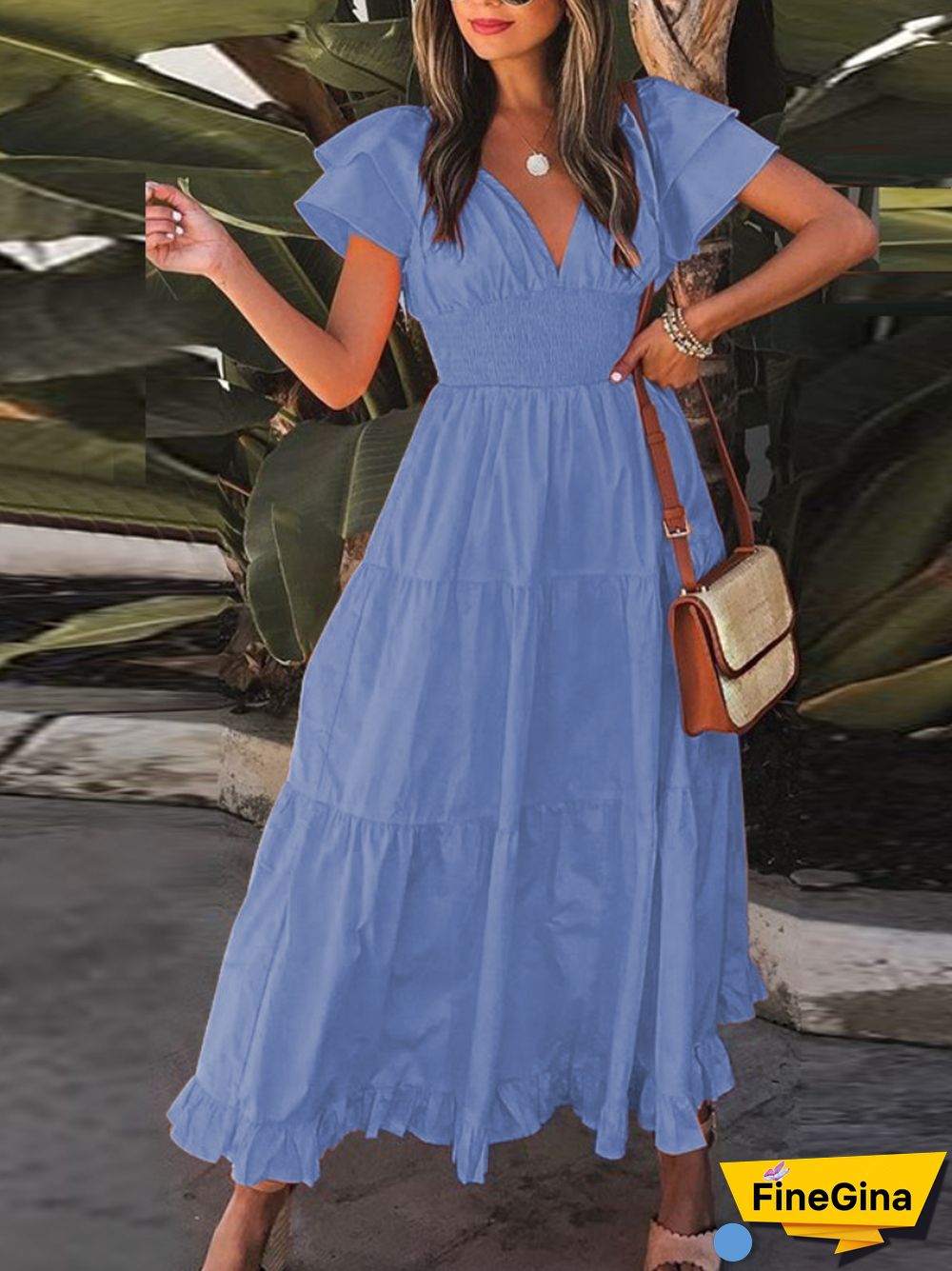 Summer New Fashion Short-sleeved Dress V-neck Petal-sleeved Large Mid-length Skirt Temperament Casual Party Women's Clothing