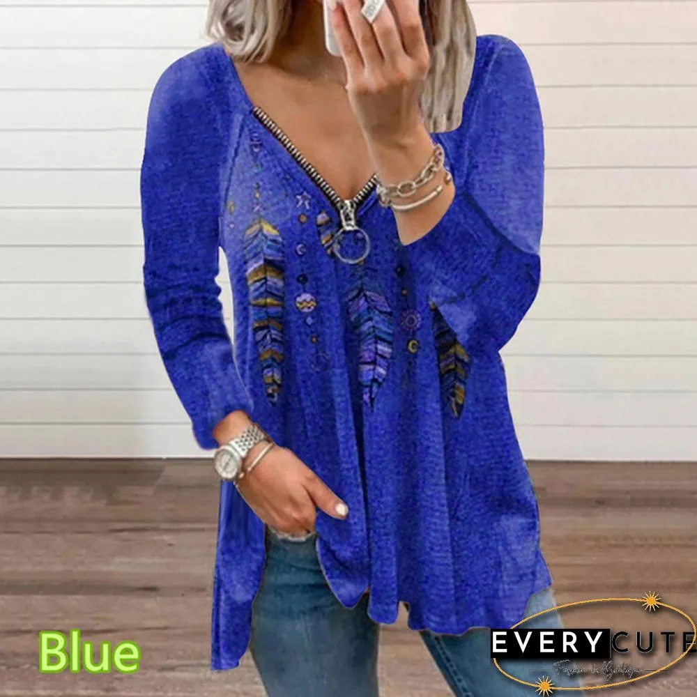 Spring and Early Autumn New Fashion Womens Feather Plaid Printed Casual Plus Size Long