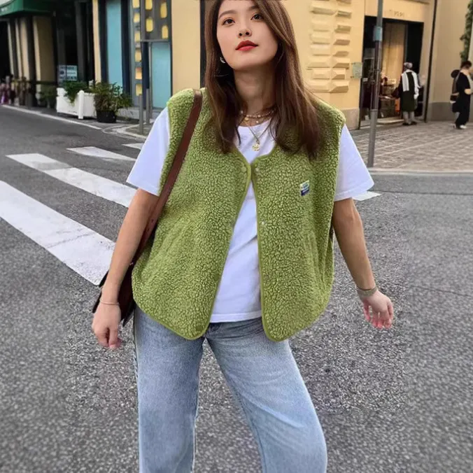 Nigikala Nigikala Women's Sleeveless Wool Vest Top Fashion Lady Spring And Autumn Loose Single-Row Buckle Vest Coat
