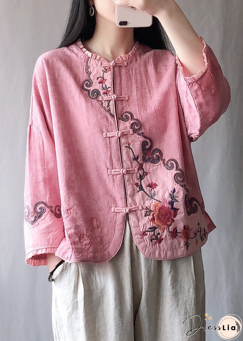 Vintage Pink Ruffled Embroideried Chinese Button Cotton Short Coat Spring