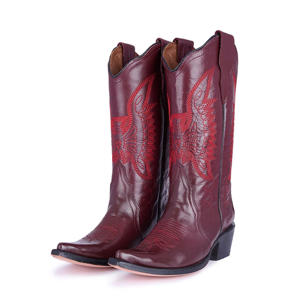 Burgundy Eagle Embroidery Chunky Heel Cowboy Boots for Women