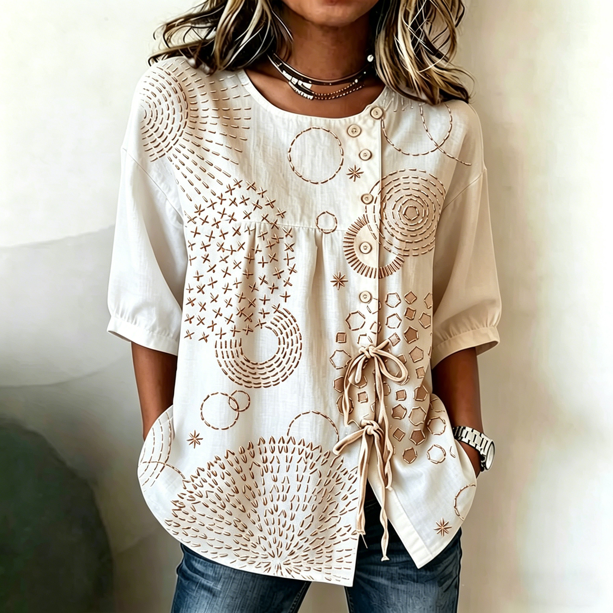 Comstylish Women's Retro Floral Embroidered Button-up Collar Tie-waist Shirt