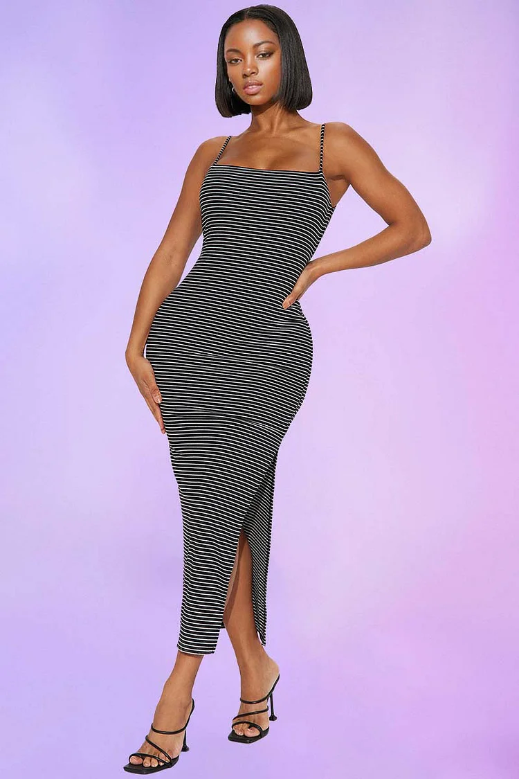 Striped Cami Bodycon Slit Side Midi Dresses [Pre Order]