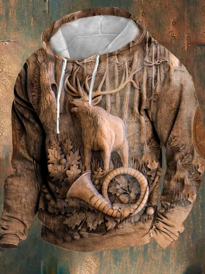 Men's Retro Casual Elk Print Hoodie