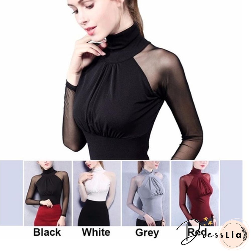 New Fashion Lady Blouse Lace Mesh Turtleneck Long Sleeves Slim Thin Patchwork Spring and Autum Shirt