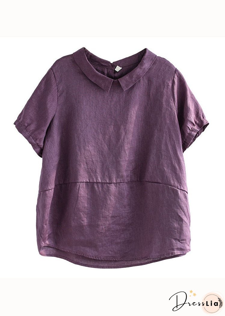 Unique Purple Peter Pan Collar Patchwork Linen T Shirts Summer