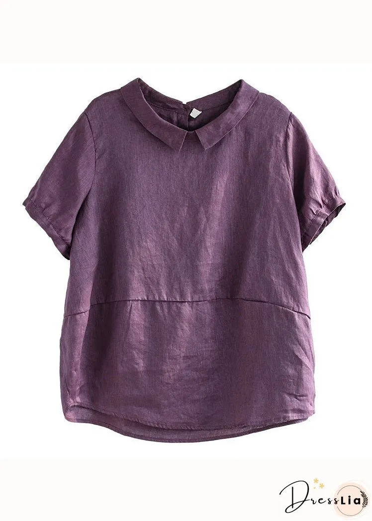 Unique Purple Peter Pan Collar Patchwork Linen T Shirts Summer