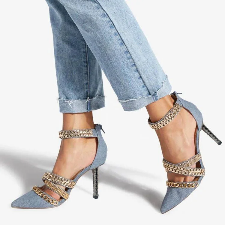 Denim Ankle Strap With Chain Decorative Heel Pumps Nicepairs
