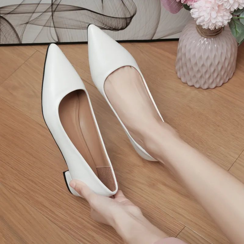 Breakj Breakj Pointed Light-Mouthed Square Heel Small Leather Shoes Women Business And Leisure Elegant Commute Single Shoes Fashion High Heels Women Four Seasons