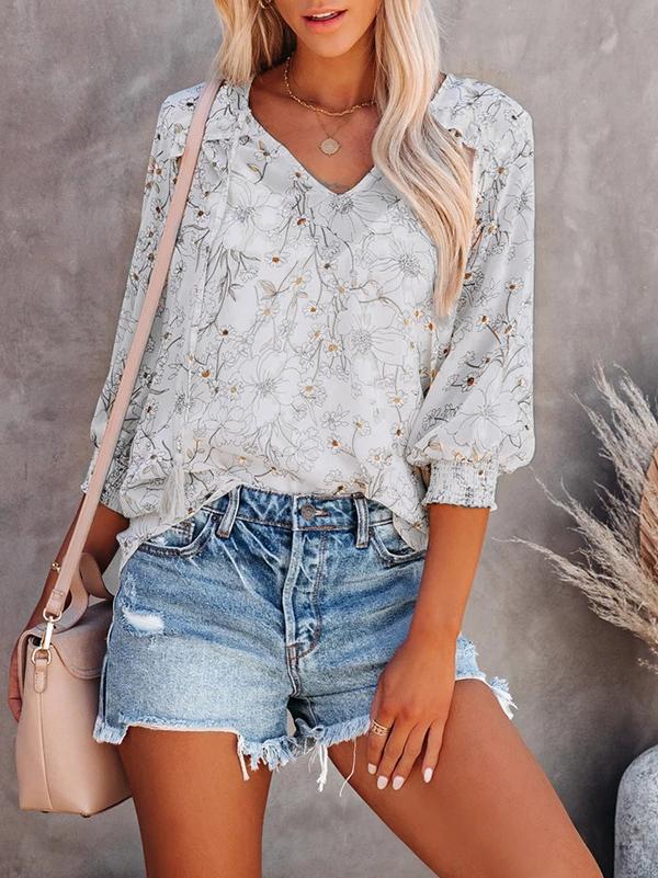 Women Long Sleeve V-neck Graphic Floral Printed Top