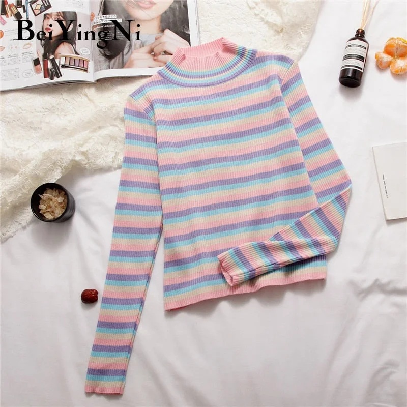 Beiyingni Spring Autumn Long Sleeve Knit Sweater Women Stripe Cute Hit Color Casual Pullover Tops Female Basic Ulzzang Jumper