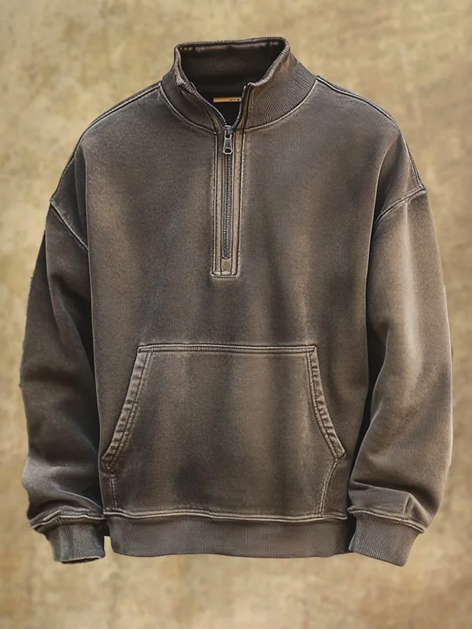 Men's Retro Western Distressed Effect Zip Collar Sweatshirt