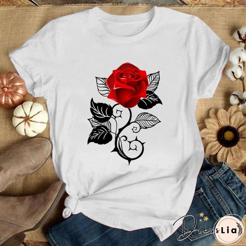 Girls and Women's Fashion Red Rose Printed T-Shirt Cute Graphic Tee Shirt Ladies Summer T-shirts Casual Plus Size Tops Flower T Shirts