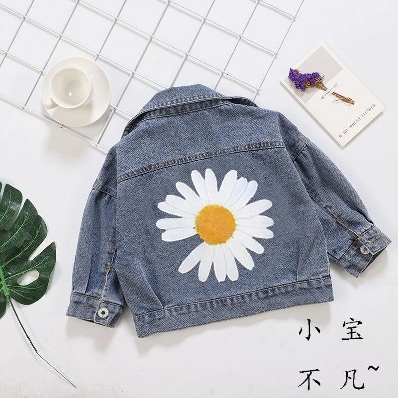 Children's denim jacket spring and autumn kids coat Cartoon print Chrysanthemum baby boy jacket girls coat unisex clothes