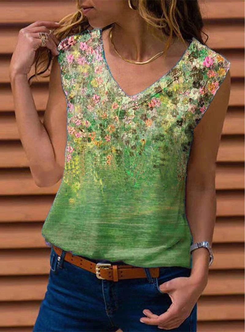 Brownm Loose Sleeveless V-neck Printed Vest T-shirt