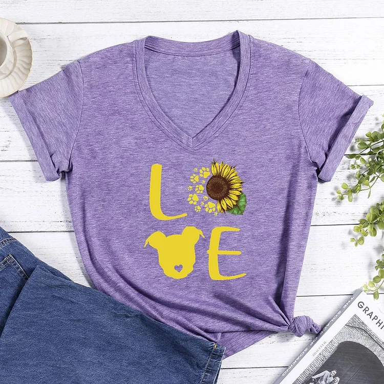 Pitbull Sunflower Paw Dog Love V-neck T Shirt