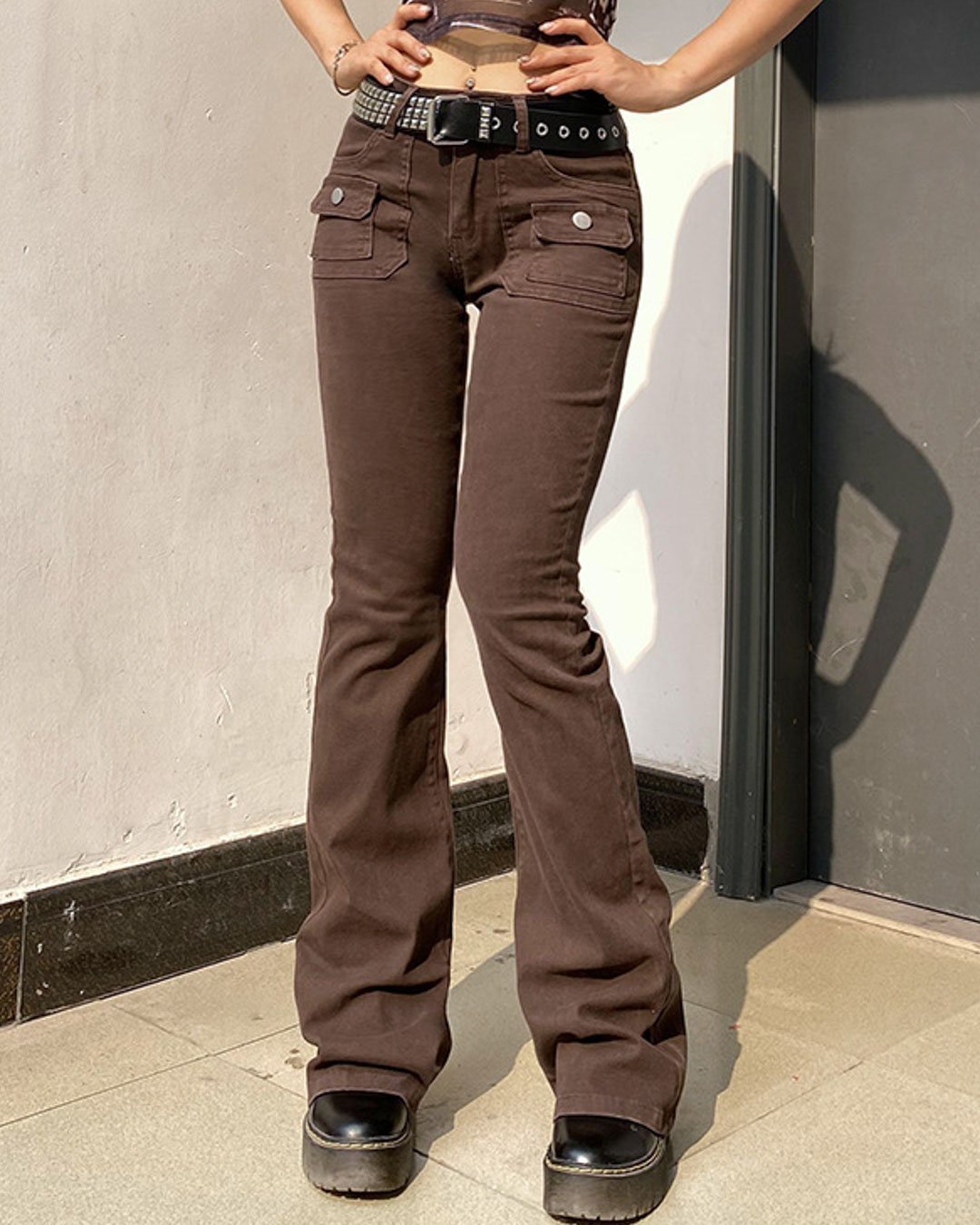Fashionv-Low-rise Pocket Design Flared Jeans