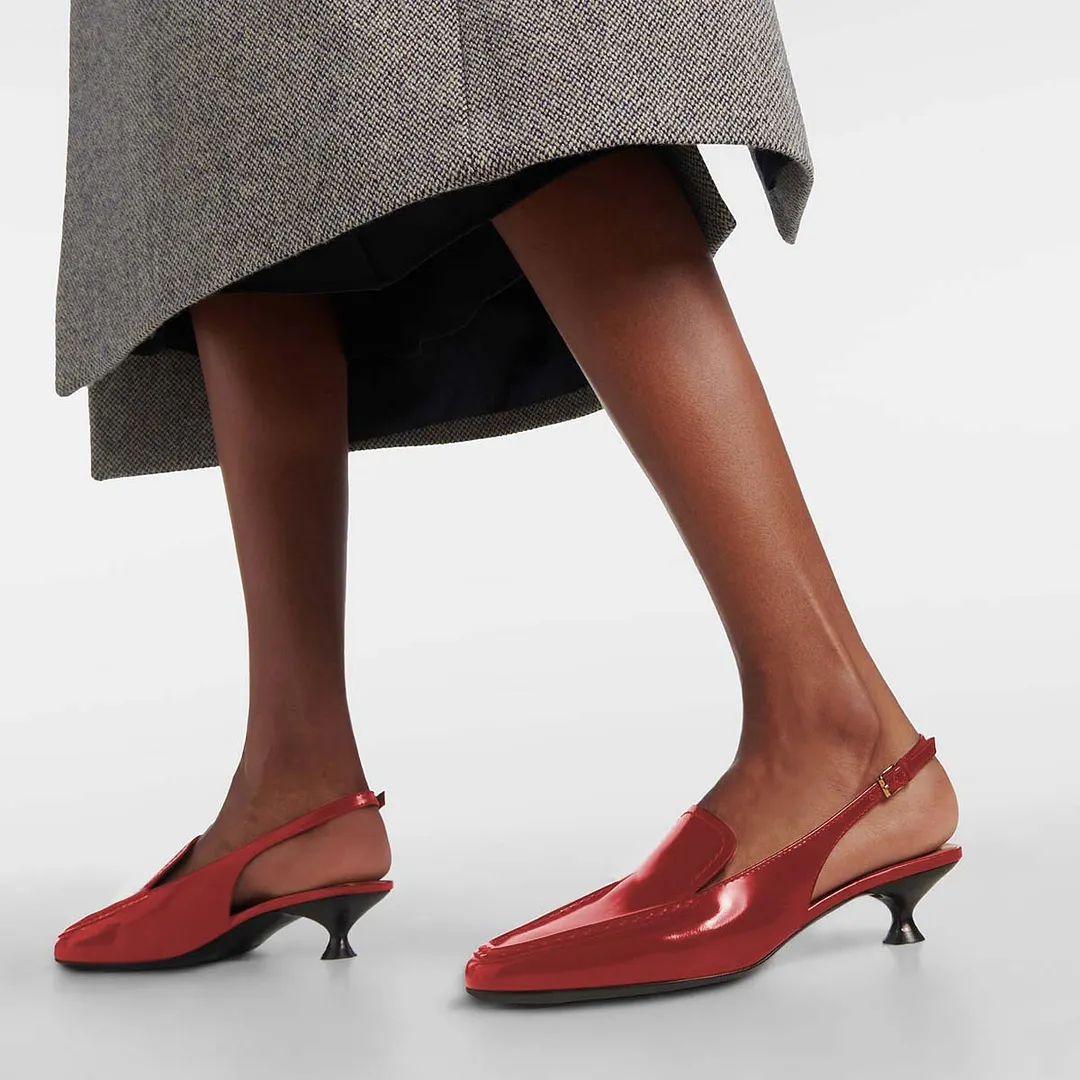 YDN Red Square Toe Spool Heel Slip-On Loafer Slingback Shoes