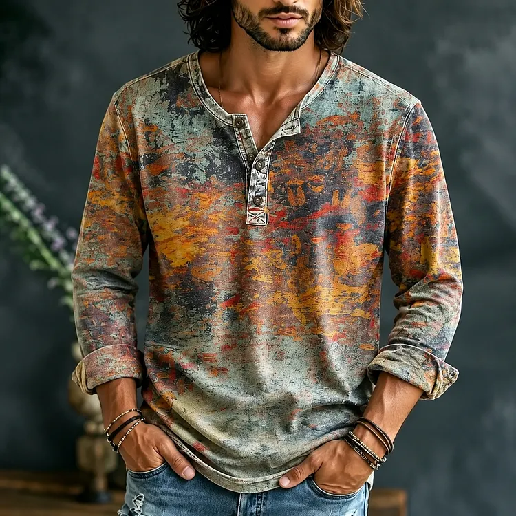Men's Retro Ethnic Color Block Henley Neck T-shirt