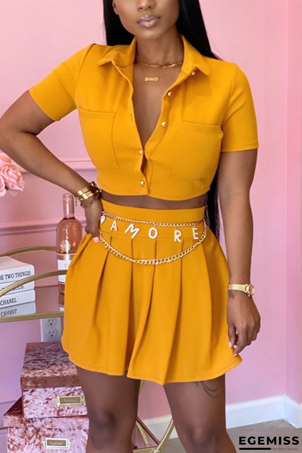 Yellow Sexy Short Sleeve Short Skirt Set (Without Belt) | EGEMISS