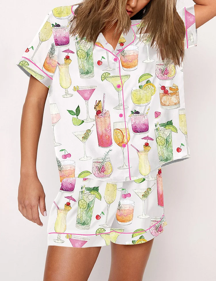 Women's Summer Cocktail Wine Lovers Old Fashioned Short Sleeve Satin Pajama Set