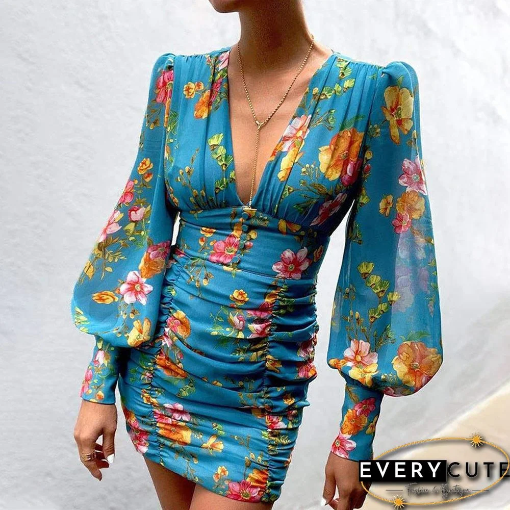 Women Sexy Deep V Neck Floral Print Long Lantern Sleeve Ruched Dress Summer Elegant Female Bodycon Party Dress Vestido