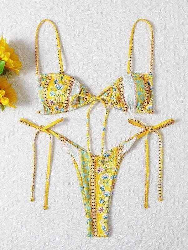 Brownm Ethnic Floral Lace Up Bikini Set
