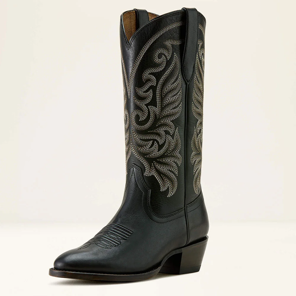 Black Round Toe Chunky Heel Mid Calf Western Boots with Embroidered