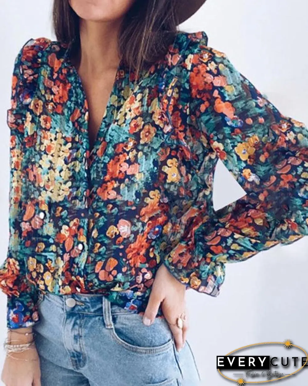 Plus Size Floral Print Casual Shirts Blouses