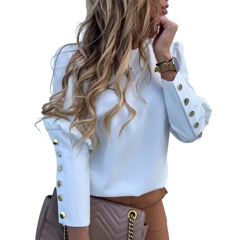 Letter Printed Long Sleeve Blouse Women O-neck Metal Button Casual Shirt Autumn Plus Size Elegant Tops And Blouses