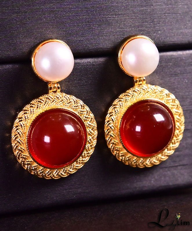 Art Red Sterling Silver Overgild Pearl Agate Stud Earrings