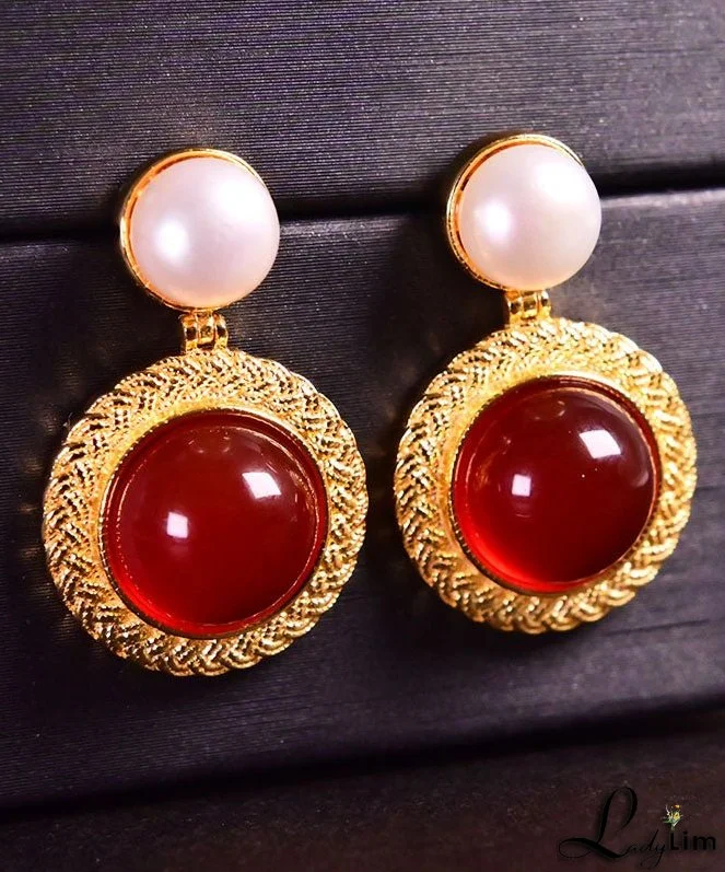 Art Red Sterling Silver Overgild Pearl Agate Stud Earrings
