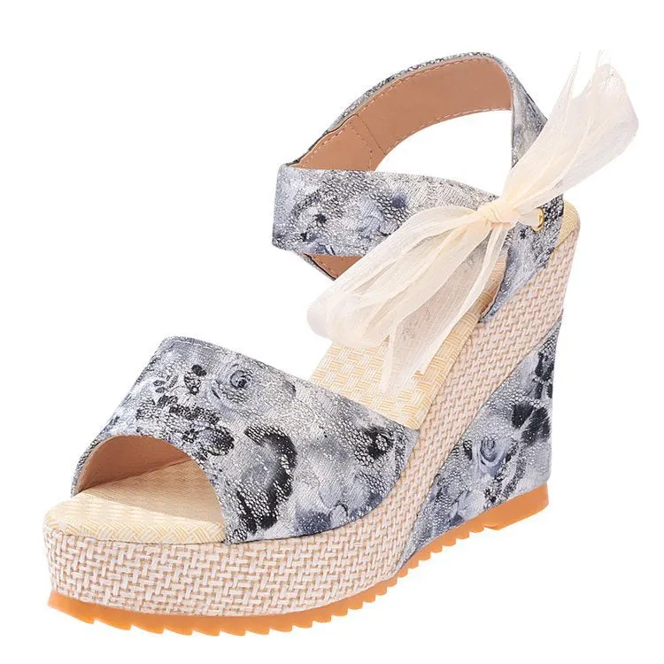 Women Floral Print Bowknot Espadrille Wedge Sandals