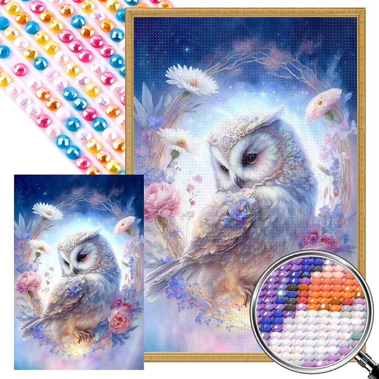 Partial AB Drill - Full Round Diamond Painting - Flowered Owl  45*70CM