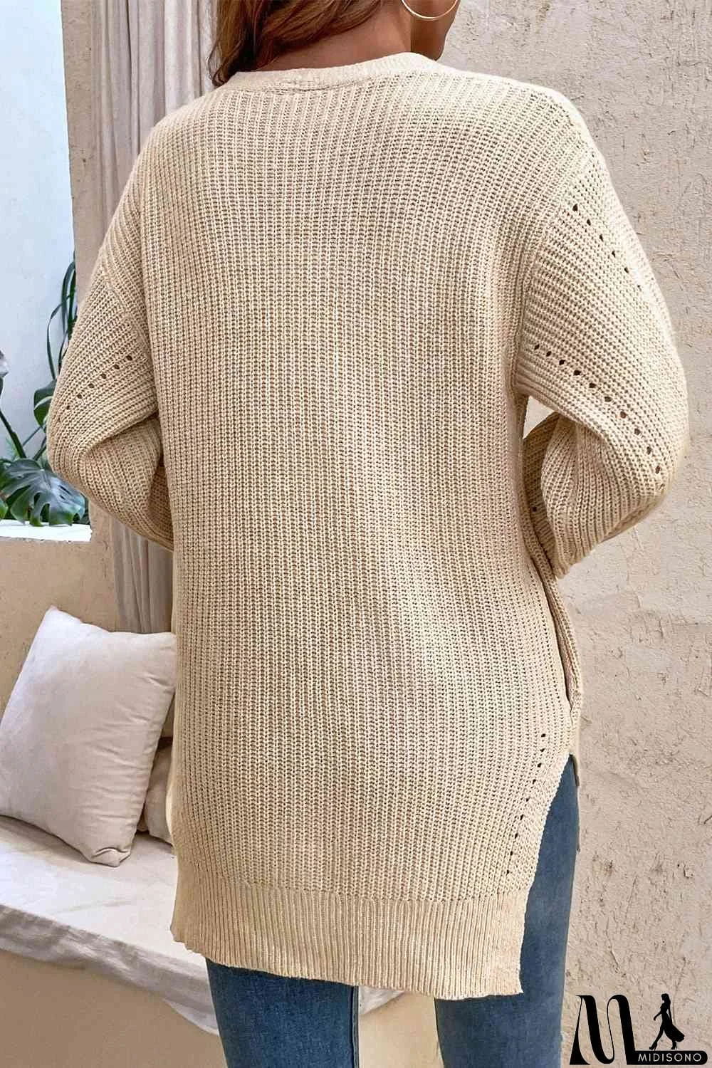 MidiSono - V-Neck Openwork Long Sleeve Cardigan