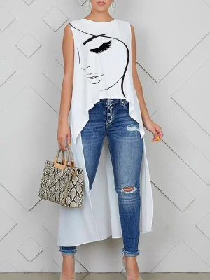 Image of Printed Figure Sleeveless High-Low Round-Neck Vest Top