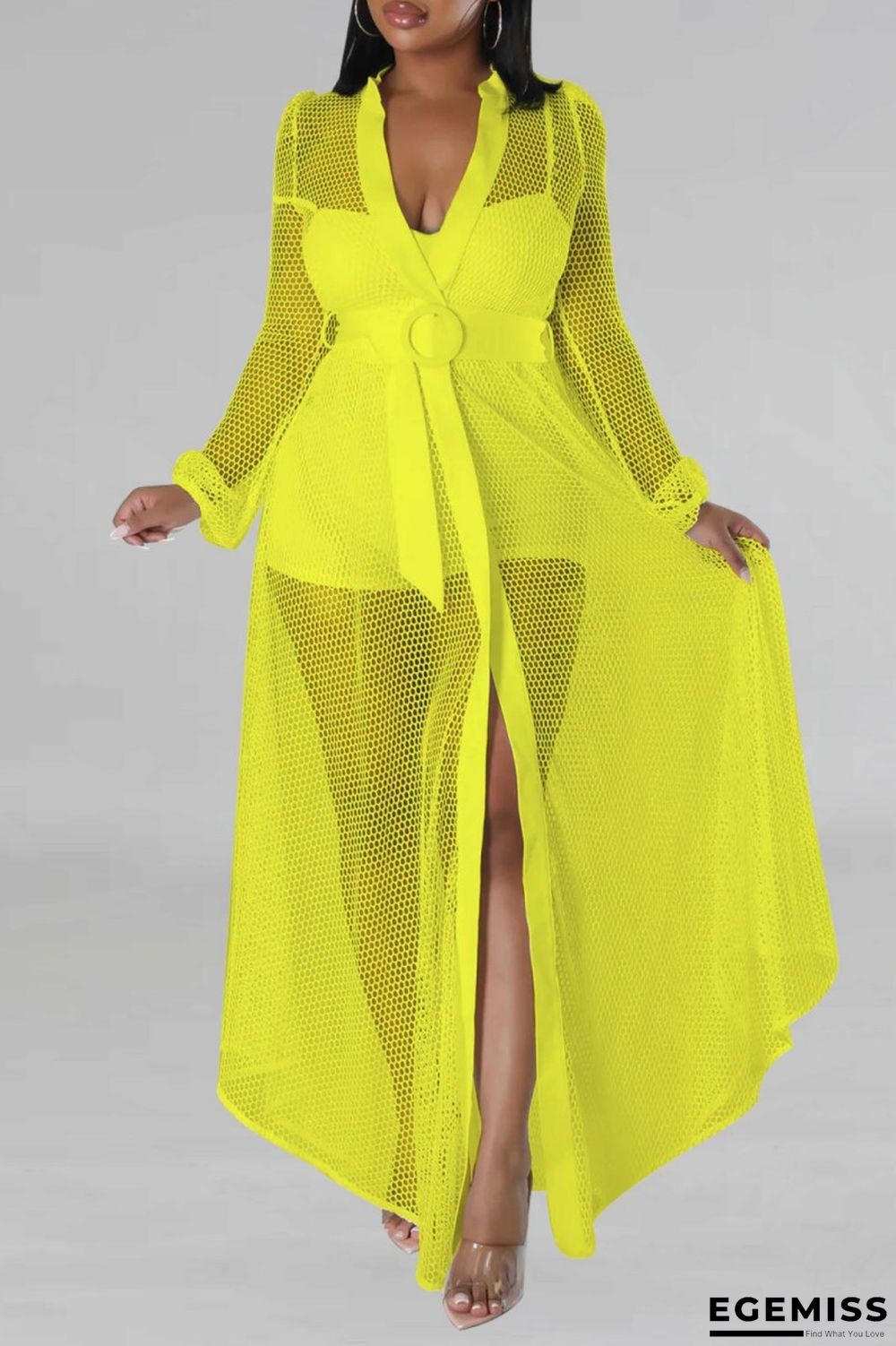Yellow Sexy Casual Solid Patchwork See-through V Neck Regular Jumpsuits | EGEMISS