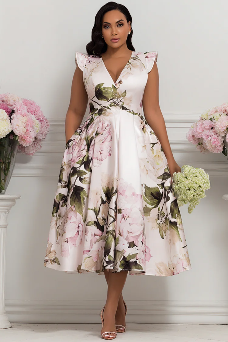 Xpluswear Design Plus Size Cocktail Party Multicolor Floral V Neck Pocket Ruffle Satin Midi Dresses [Pre-Order] 2024 - Xpluswear