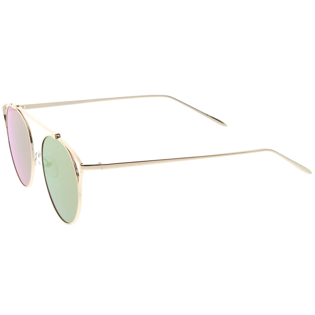 Modern Metal Cutout Cat Eye glasses With Crossbar Round Mirrored Flat Lens 55mm